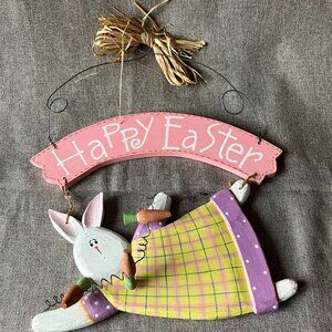 HAPPY EASTER RABBIT Wooden Door SIGN Wall Art Hanger Plaque Seasonal Spring Deco